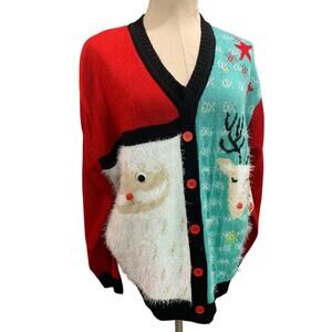 XL Womens New Christmas Cardigan Sweater Soft Fuzzy Santa Reindeer